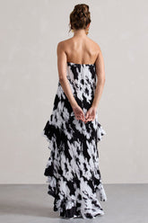 Monochrome Floral Chiffon Bandeau High-Low Ruffled Maxi Dress
